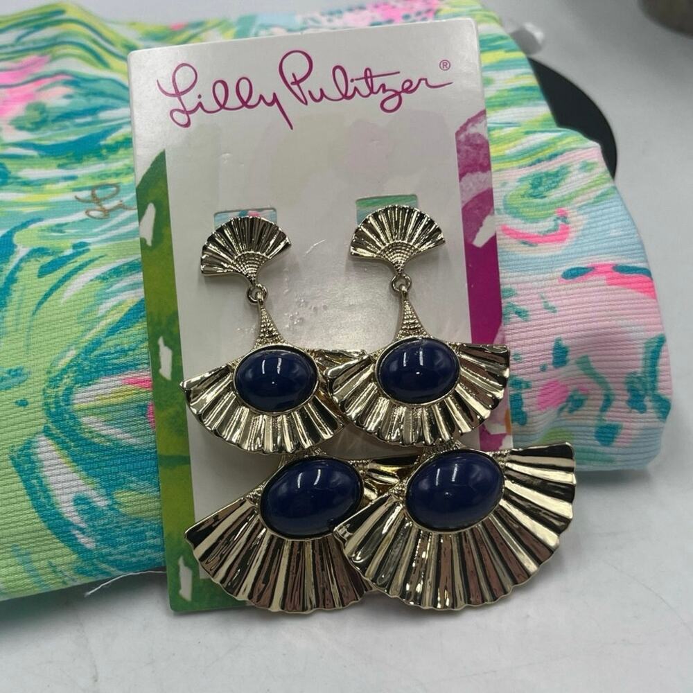 Lilly Pulitzer Coastal Shell Blue Fan Drop Clip On Earring In‎ Gold Metallic
